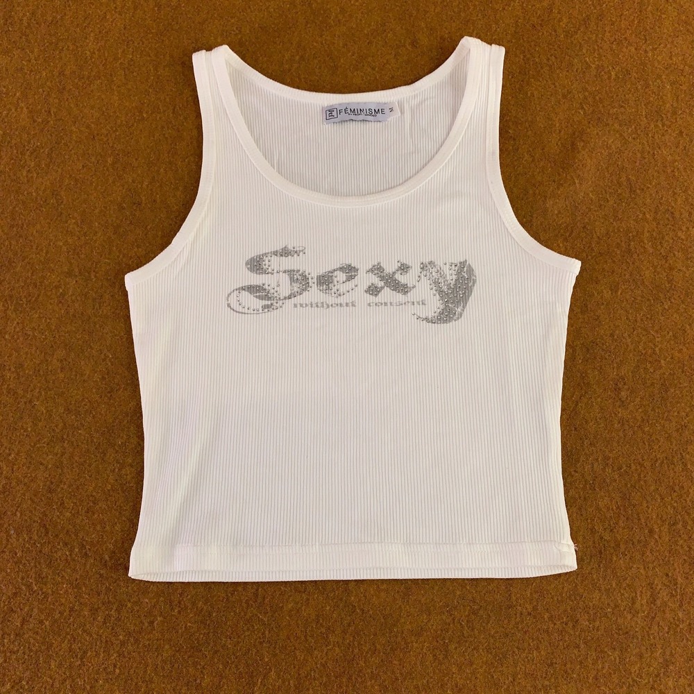 Feminisme Profit Minded Womens Medium White Rib Knit Sexy Cropped Tank Top New